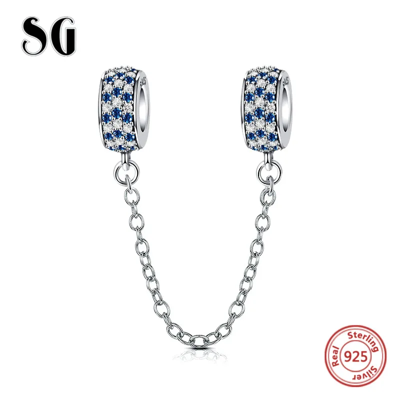 SG Аутентичные 925 пробы серебряные сверкающие безопасные цепочки Подвески бусины с прозрачным CZ Подходит браслет для женщин модные украшения
