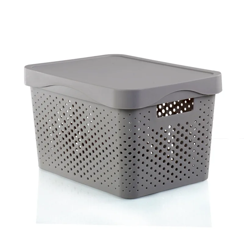 Storage Basket Rectangle Storage Box With Lid Hollow Kitchen Organizer Home Storage Tools - Color: Dark Gray