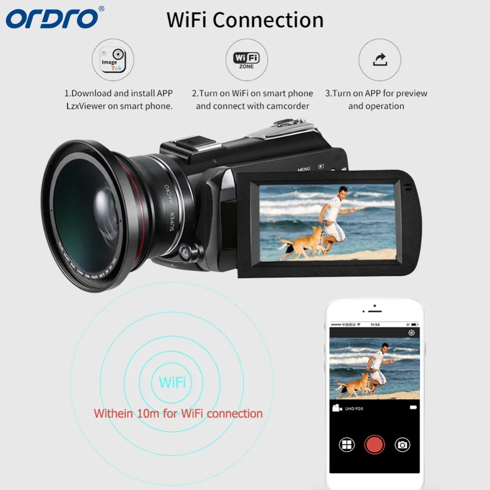 Ordro AC5 в формате 4 K UHD, цифровой видео фотоаппаратов и видеокамер с переменным фокусным расстоянием 12X FHD 24MP Wi-Fi ips Сенсорный экран цифровой оптический DV Мини камеры-регистраторы