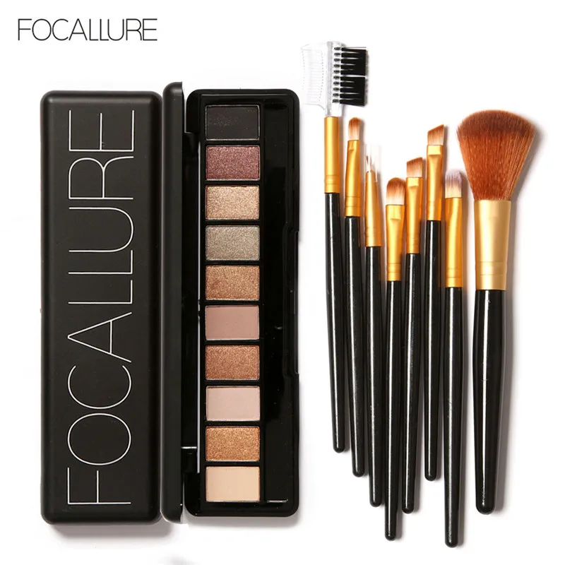FOCALLURE, 10 цветов, Nuder, теплая палитра теней для век, 8 шт., кисти, тени для век, румяна, пудра, подводка для глаз, губ, бровей, кисть - Цвет: 2
