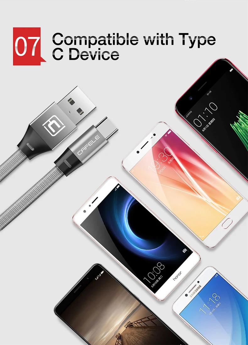 CAFELE type C USB кабель для зарядки для телефонов samsung huawei Xiaomi Oneplus Прочный usb type C порт кабели для мобильных телефонов