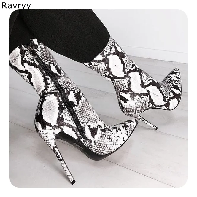 

Ins Fashion grey white Snakeskin Woman's short boots autumn winter concise girl's ankle boot thin heel pointed toe female shoes