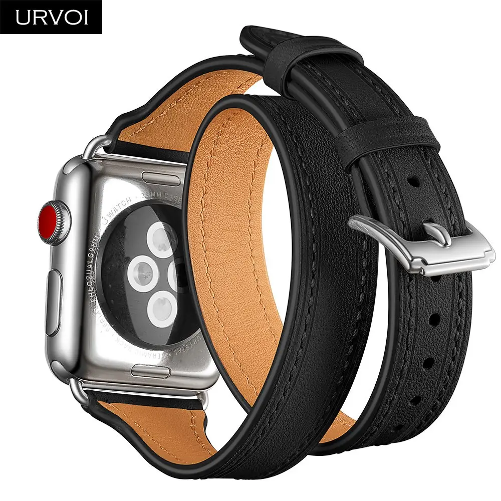 URVOI двойной тур для Apple Watch series 5 4 3 2 1 ремешок для iwatch из натуральной кожи роскошный модный дизайн 38/40 42/44 мм