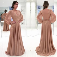 vintage long sleeve evening dresses 2021 robe de soiree deep v neck illusion back abendkleider formal women prom gowns