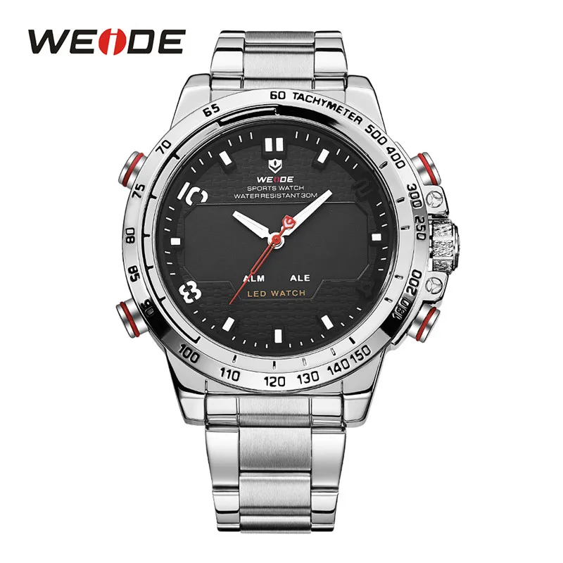 WH6102-1C WEIDE Часы мужские LED Аналоговый двойной Дисплей сигнализации назад легкие спортивные Военное Дело часы большой циферблат Нержавеющая сталь ремешок кварцевые часы - Цвет: WH6102-1C