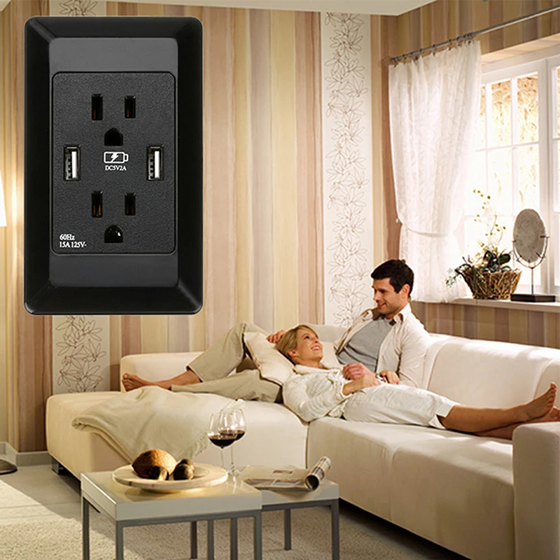 Американский стандарт USB розетка, двойной USB двойной три отверстия США штекер порт адаптер питания розетки, 125 В, ПК панель Черный