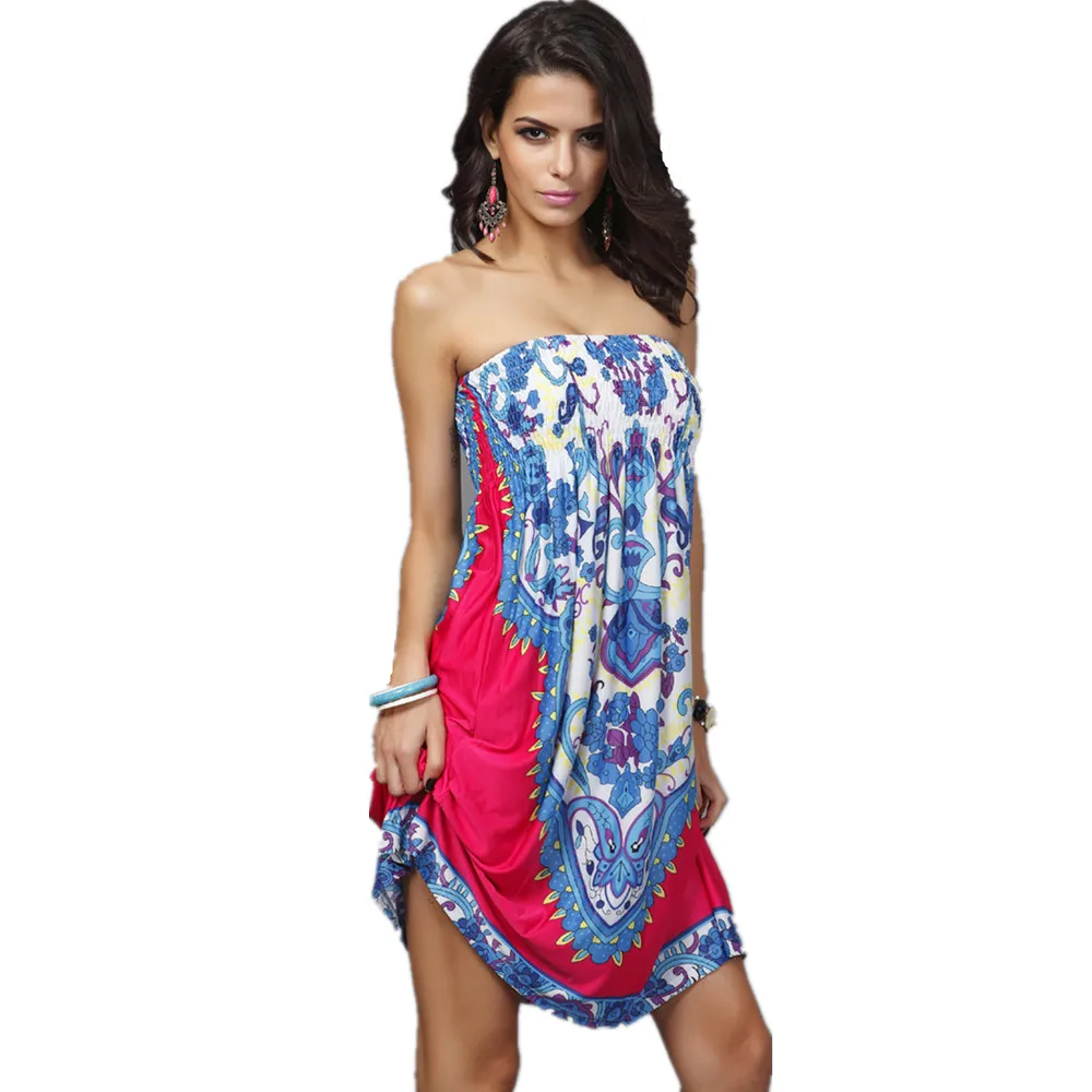 Женское платье без бретелек мягкое пляжное в богемном стиле с принтом весна