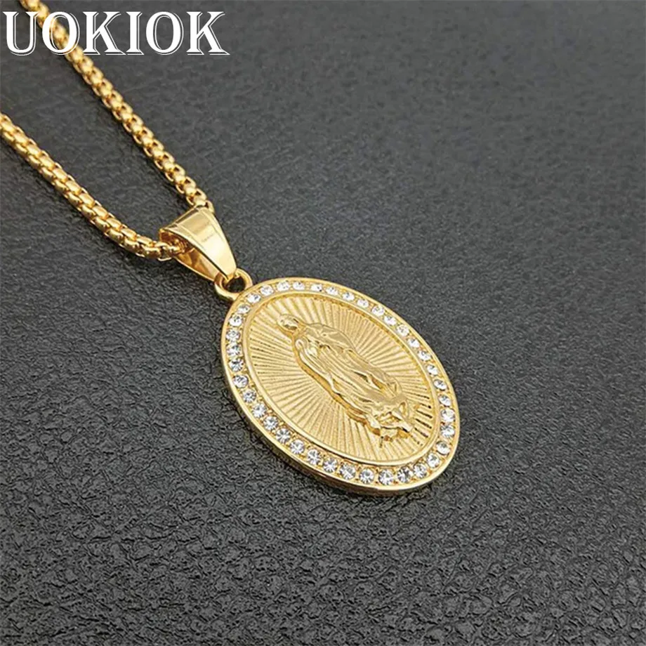 

Hip Hop Iced Out Virgin Mary Necklaces Pendants Gold Color Stainless Steel Chain For Women Christian Jewelry Madonna XL1298