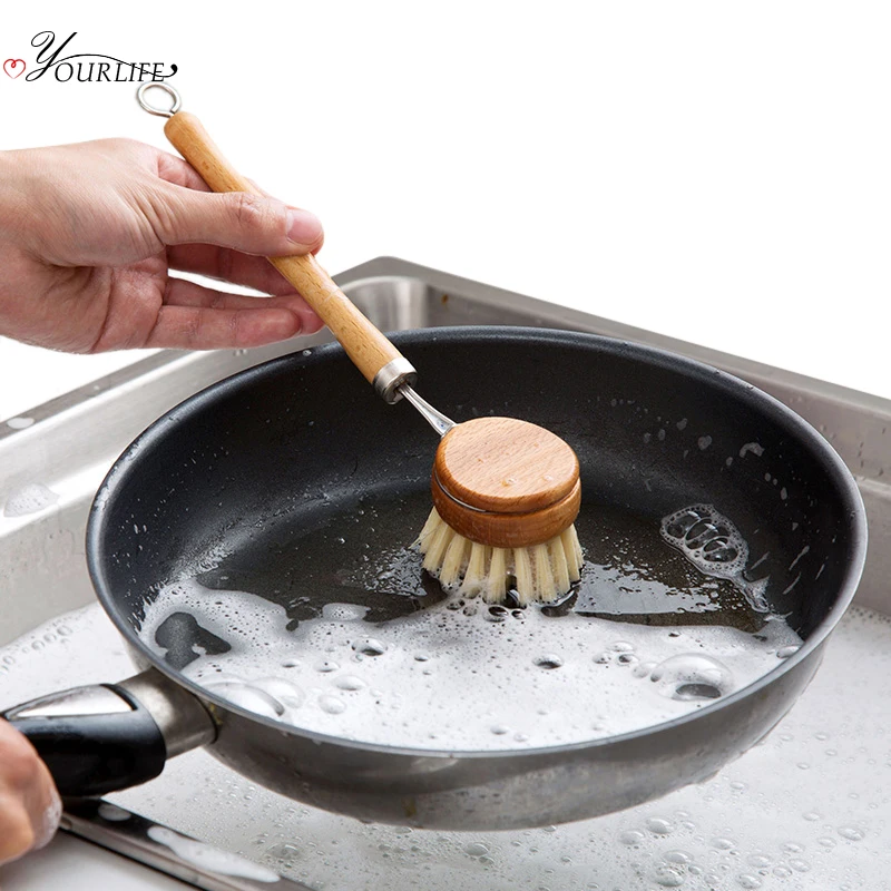 

OYOURLIFE Natural Wooden Long Handle Pan Pot Brush Dish Bowl Washing Cleaning Brush Household Kitchen Cleaning Tools