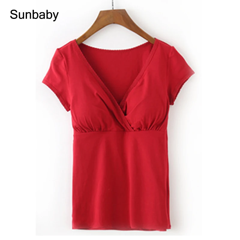 

SUNbaby maternity clothes V necktie breast pad pregnant woman nursing nursing home nursing T-shirt top T0505