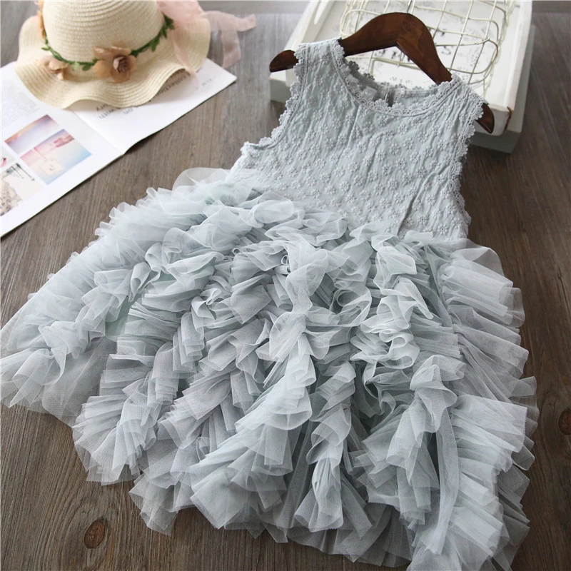 Summer Girls Dress Kids Vintage Gray Sleeveless Tulle Party Birthday 3 4 5 6 8 Years Children Clothing Girl | Детская одежда и