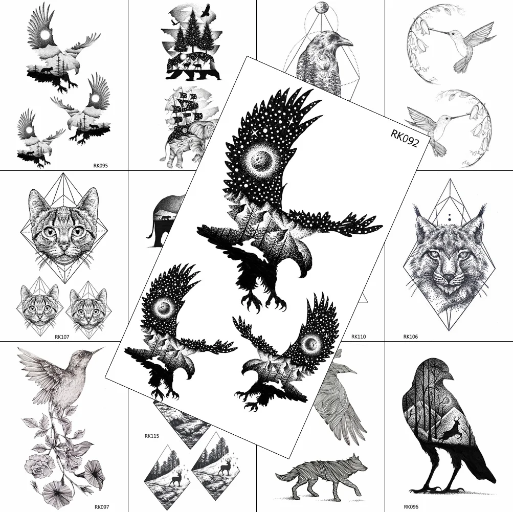 Animal Fake Temporary Tattoos Black Eagle Wing Waterproof Start Moon Tattoo Geometric For Men Body Art Mountain Fashion Tatoos