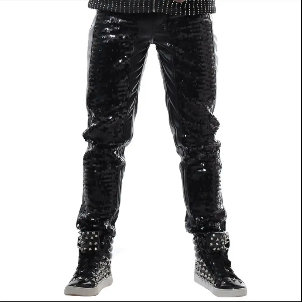 28-40 Men Black Sequined Casual Leather Pants Rock Slim Punk Trousers Nightclub Bar Dj Stage Singer Costumes Performance Clothes