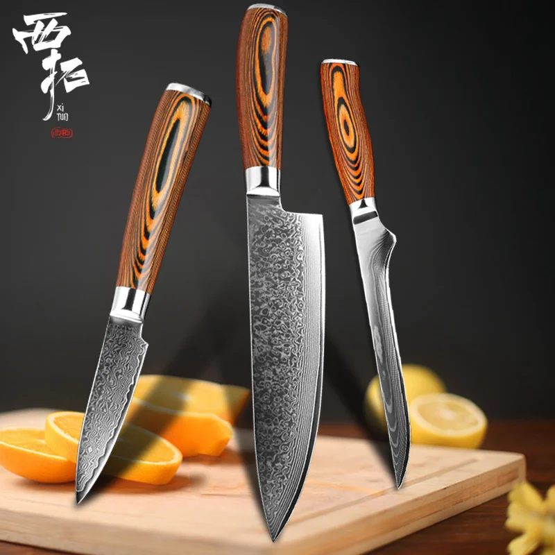 3 PCS Value Set Кухонный нож шеф-повара XITUO из дамасской стали VG10 Tick Deboning фруктовый японский слайсер острый цвет с деревянной ручкой подарок кухонные инструменты - Цвет: 3 PCS Value Set