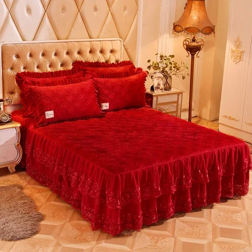 bedding set 1 Комплект постельного белья из 3/5 предметов с кружевной флисовой стеганой юбкой 160X200 см, Ультра мягкий теплый комплект постельного белья красного и синего цвета, Комплект постельного белья, комплект покрывала, набор подушек - Цвет: bedding set 1