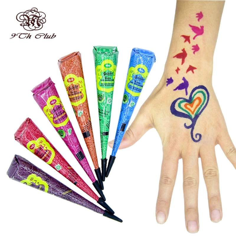 Цветная тату паста GOLECHA Henna 6 шт. крем конус индийский Менди цветов красный синий