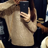 cakucool gold lurex knitted tops women sequined sweaters long sleeve v neck casual loose bling pullover jumpers lady 13 colors