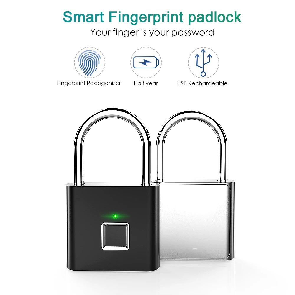 

USB Rechargeable Smart Keyless Fingerprint Electric Lock IP65 Waterproof Anti-Theft Security Padlock Door Luggage Lock