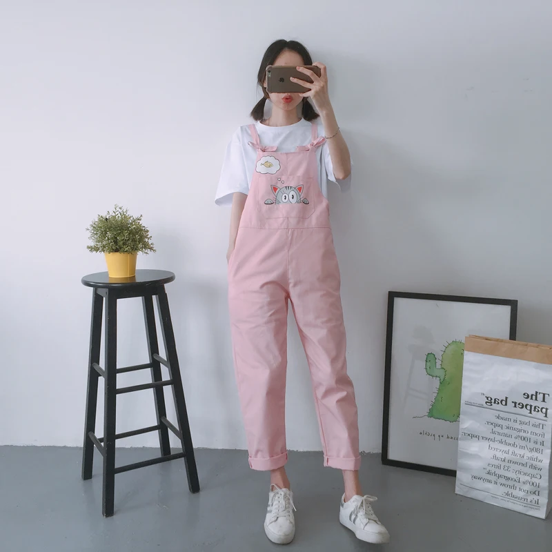 Harajuku Kawaii, женский комбинезон для школьников, корейский стиль, принт с кошкой, карманы, трендовые женские комбинезоны, летние, дышащие, шикарные