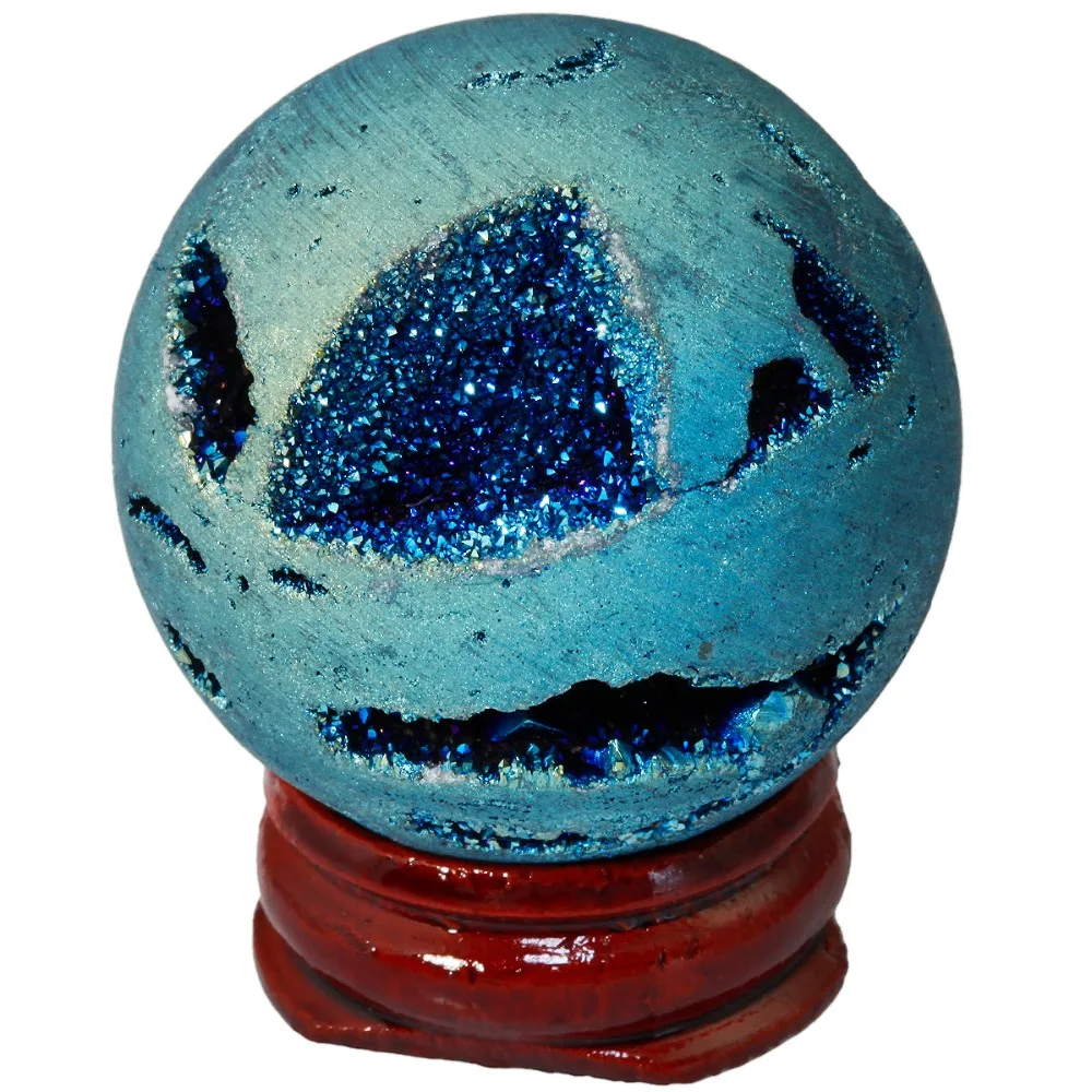 

TUMBEELLUWA Light Blue Titanium Coated Druzy Agate Geode Sphere Ball Divination Reiki Healing Figurine With Wood Stand