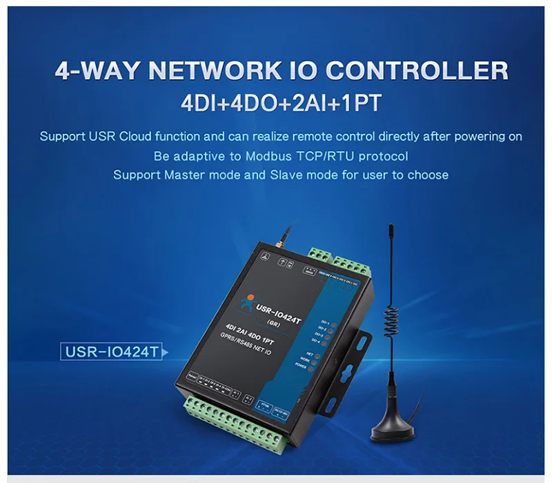 USR-IO424T-GR 4-канальный GPRS GSM сеть IO контроллер 4 способа обнаружения температуры Modbus TCP/RTU поддерживает 4 DI/4 DO/2AI/1PT