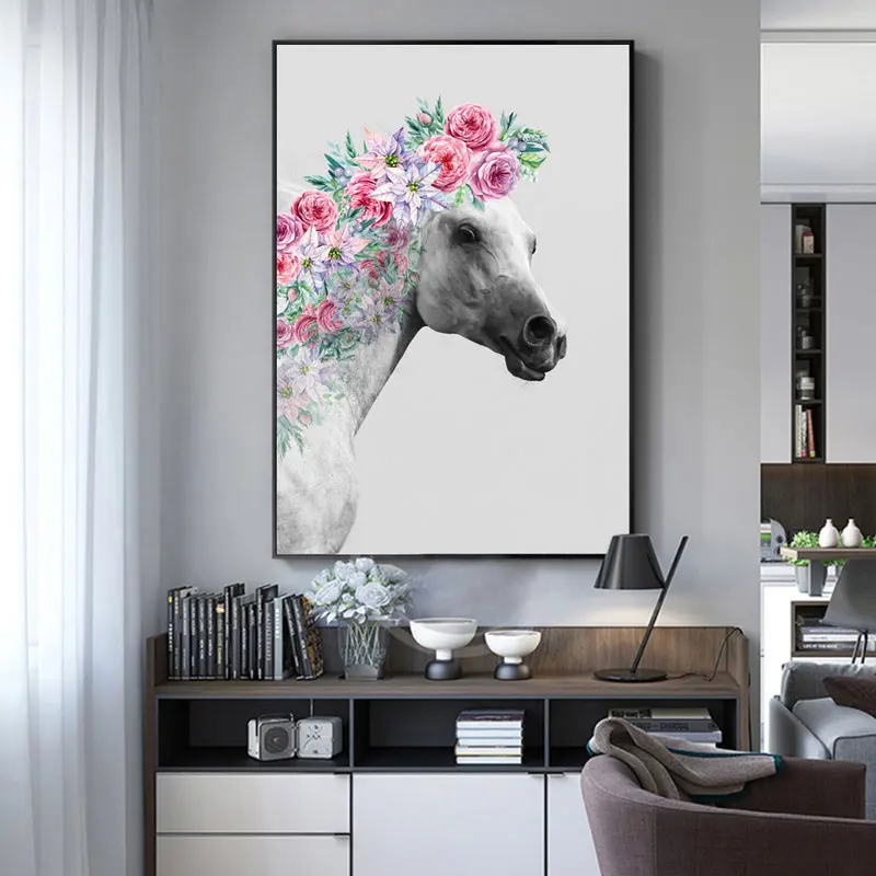 Лошадь Красочный цветочный венок современный мирной Книги по искусству холст
