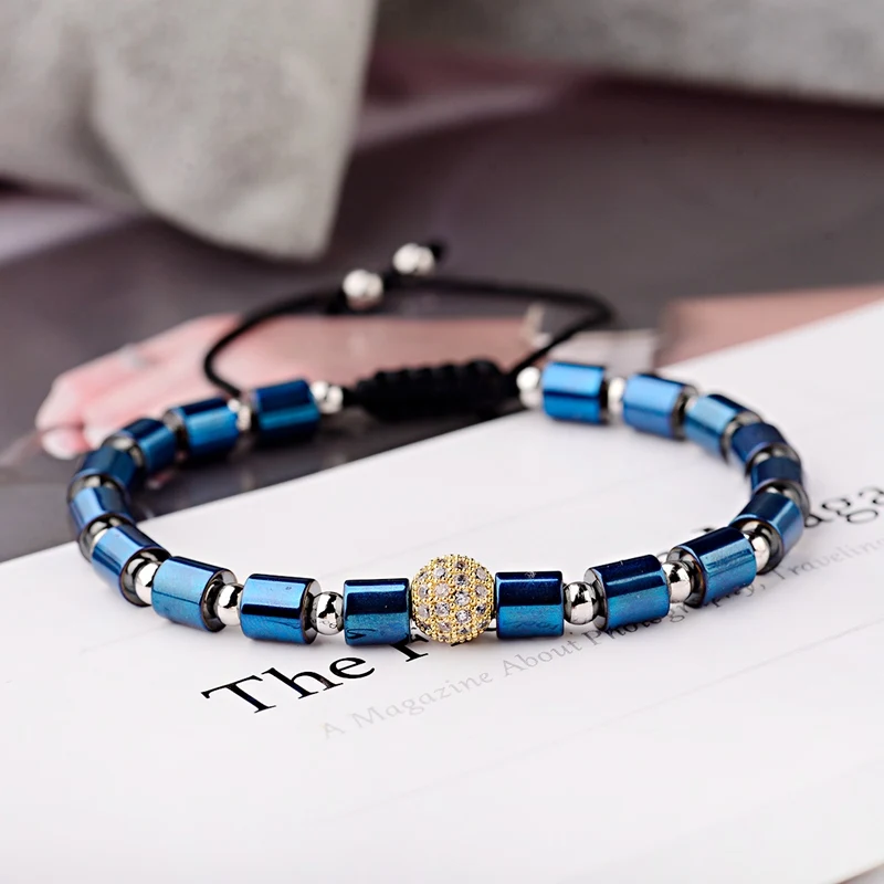 OIQUEI 2020 Luxury Jewelry White Zircon Balls Bradied Bracelets Men Geometric Blue Hematite Stone Yoga Bracelet Hommes pulseira | Украшения