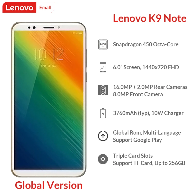 Lenovo K9 Note 32/64GB K5 смартфон 6 'ɿHD экран Восьмиядерный Snapdragon распознавание лица 16MP