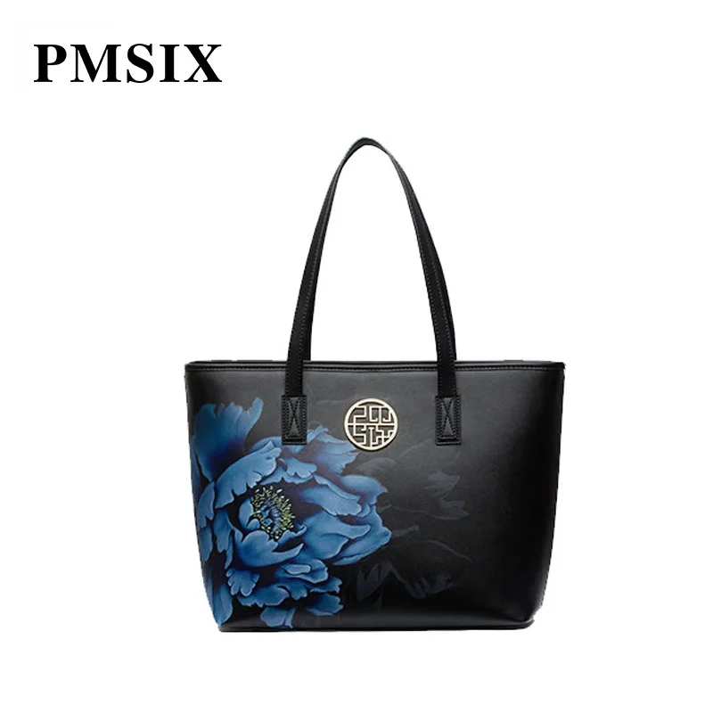 PMSIX винтажная Цветовая Печать PU Для женщин сумка большая Ёмкость дизайнер трапециевидная сумка Форма Bolsa Feminina синий или красный - Цвет: blue