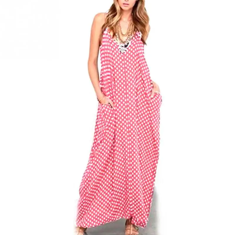 Женское платье в горошек без рукавов с v образным вырезом Свободное длинное