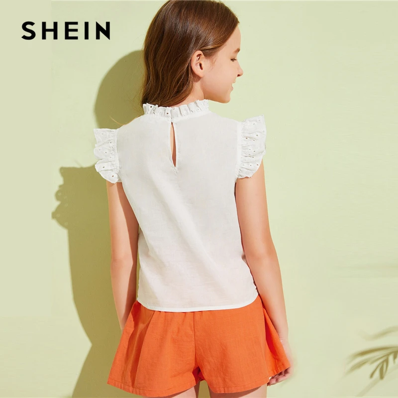 SHEIN детский белый воротник-стойка с вышивкой ушко милая блузка детские топы летние Кепки рукав в богемном стиле жабо боты назад блузки