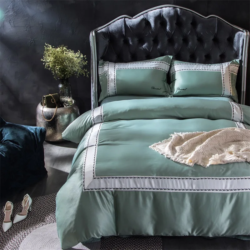 New Tencel Silk Cotton Bedding Set 4pcs Brief Luxury Solid Color Patchwork Bed Linen Duvet Cover Flat Sheet Pillowcase |