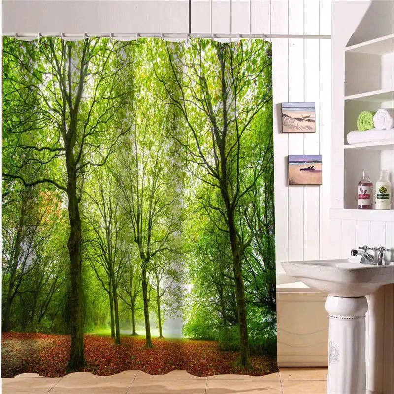 Занавеска для душа с принтом деревьев заката Листьев дороги природного