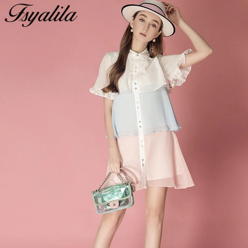 Шифоновое платье рубашка летнее плиссированное Симпатичные Kwaii Vestido Женщины с