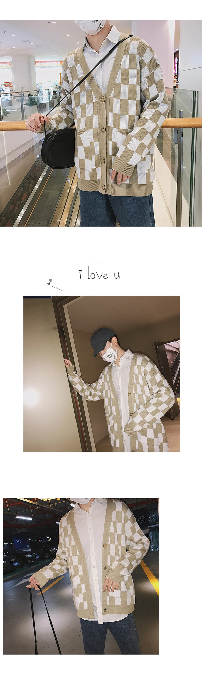 Plaid Oversized Sweater Men Hip Hop Mens v Neck Knit Cardigan Hombre Korean Checked Vintage Knitted Jacket Sweaters Mens Stylish