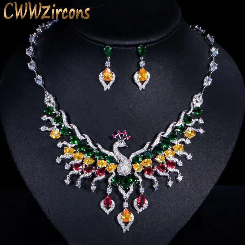 multi color CWWZircons роскошный разноцветный кубический цирконий большой Павлин колье ожерелье свадебный комплект ювелирных изделий Свадебный костюм ювелирные изделия T331 - Окраска металла: multi color