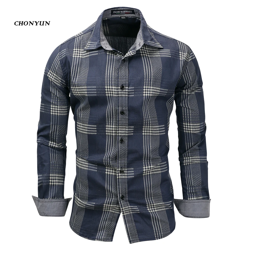 Brand New Men's Casual Shirts Denim Long Sleeve Slim Fit Striped Shirt Business Camisa Breathable Male Outdoor Clothing | Мужская