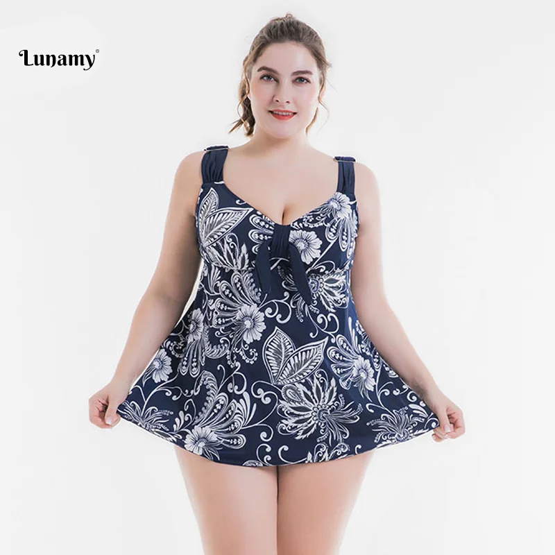 58-66/4XL-8XL размера плюс слитный купальник женский с узлом на груди бандаж цветочный принт юбка большой размер пляжное платье большой размер купальники - Цвет: R5201-Dark-Blue