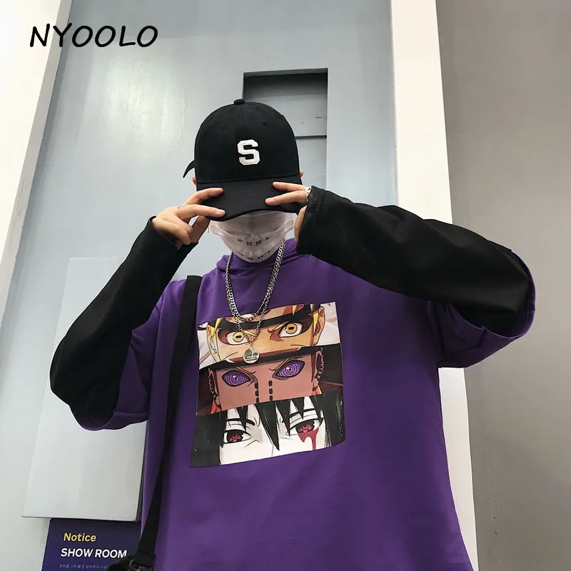 NYOOLO Harajuku стиль мультфильм комикс печати толстовки лоскутное Поддельные 2 шт. с капюшоном пуловеры толстовка женская/мужская одежда топы - Цвет: Фиолетовый