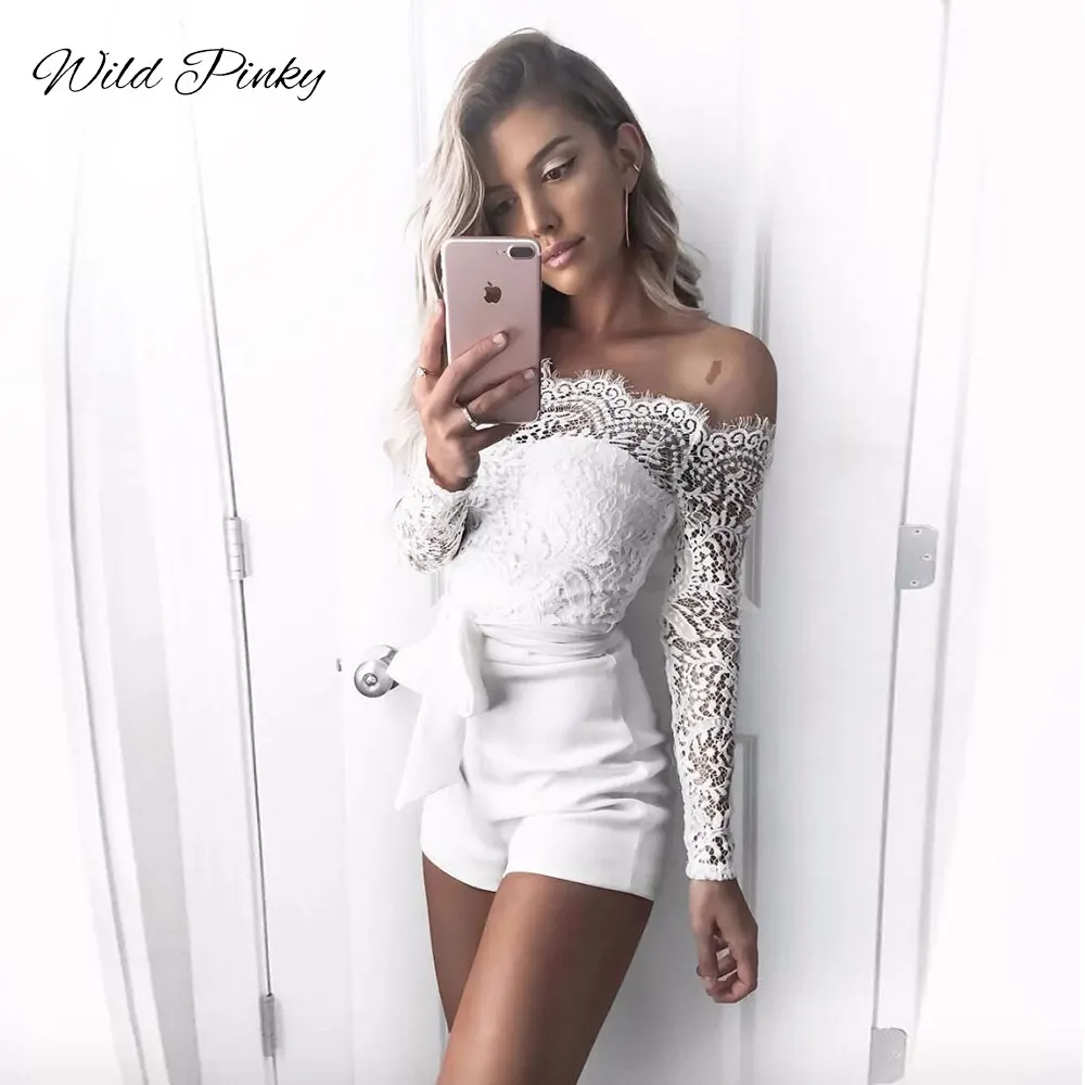 WildPinky Hollow Out Sexy White dress Lace Embroidery Spliced Rompers Off Shoulder Jumpsuit Overalls Summer Playsuits Female | Женская