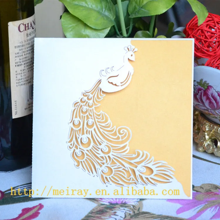 

Folk Art Style and Universal Regional Feature peacock type laser cut wedding invitation card greeting card