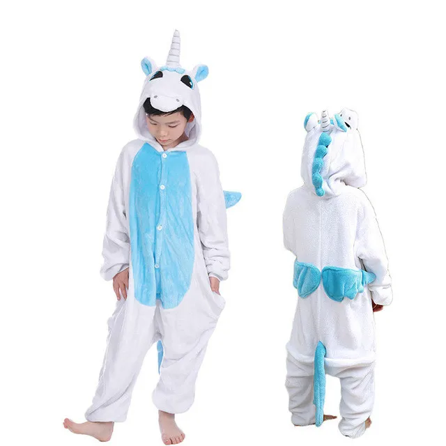 blue unicorn Детские пижамы со стежком и звездой, единорог, зимняя Пижама, Фланелевая пижама с капюшоном, комплекты одежды для сна с животными для девочек и мальчиков, одежда для сна - Цвет: blue unicorn