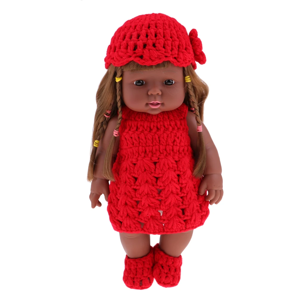 

30cm Realistic Baby Girl Doll Silicone African Newborn Dolls With Red Knitted Outfits