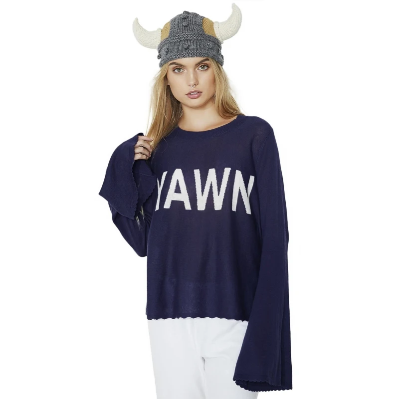 HDY Haoduoyi Solid Fashion Dark Blue Sweaters Women Letters Printed Embroidery Casual Pullovers Female Lace Tops Lady | Женская одежда