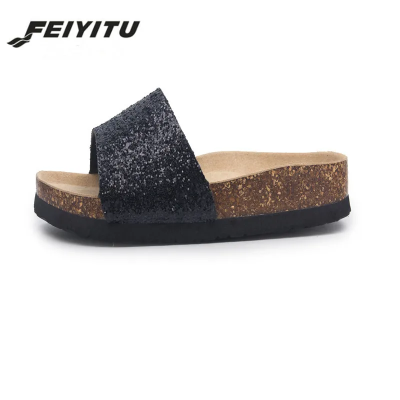 Женские пляжные шлепанцы черные или Серебристые однотонные Шлепанцы из пробки с