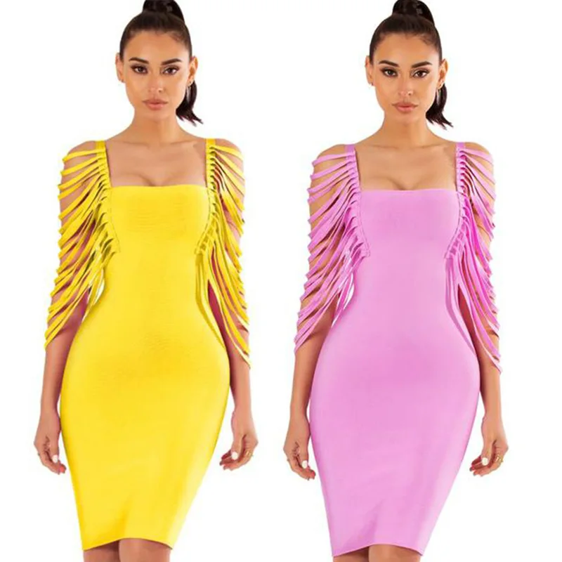 Женское облегающее платье с кисточками и рукавом летучая мышь средней длины до
