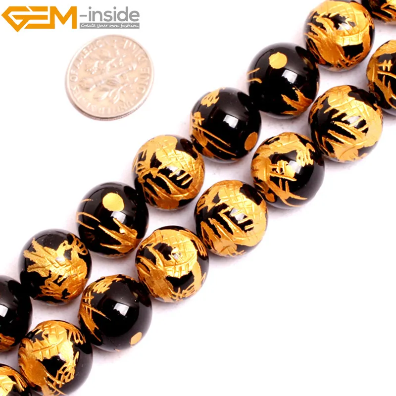 Gem-inside 10-14mm Round Gold Carved Dragon Turtle Tiger Phoenix Black Agate Beads For Jewelry Making 15&quot DIY | Украшения и