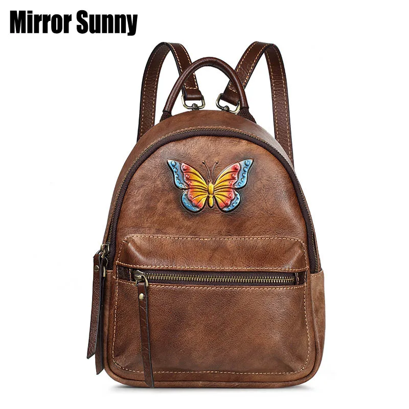 Retro Women's Backpack Genuine Leather Animal Butterfly Double Shoulder Pack Female Soft Leather Backpack Multi Function Casual