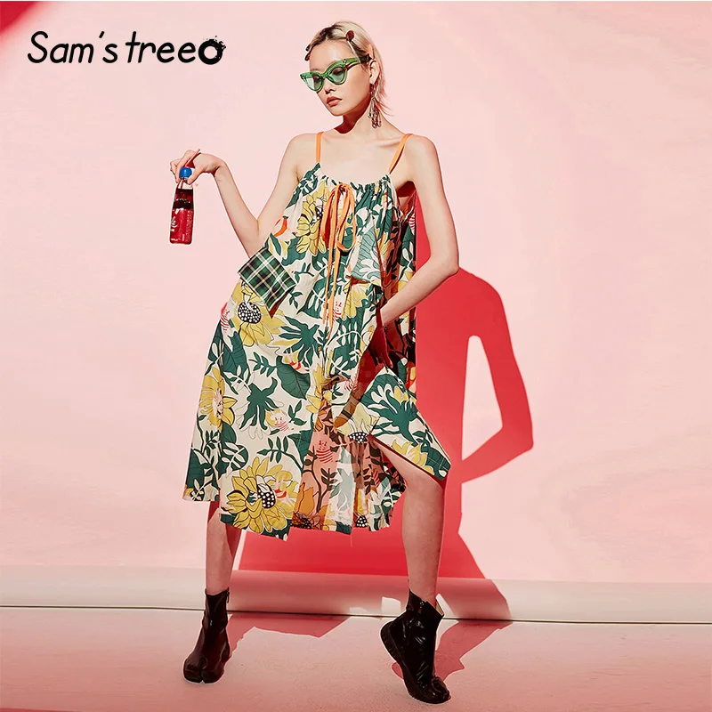 Samstree, женское платье с принтом, на тонких бретелях, для женщин, плюс размер, а-силуэт, бохо, праздничные платья, пуговицы, без бретелек, женское пляжное платье