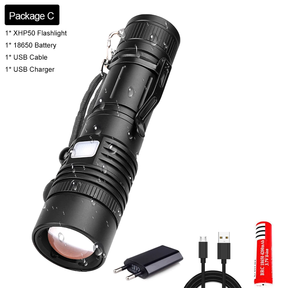 Package C Мощный фонарик XHP50 светодиодный фонарик USB Перезаряжаемый фонарь с зумом V6 фонарик Фонарь с 18650 батареей - Испускаемый цвет: Package C